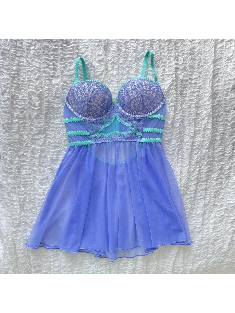 Victoria's Secret Lavender Lace Bustier Babydoll Mesh Lingerie Mint Trim Y2K